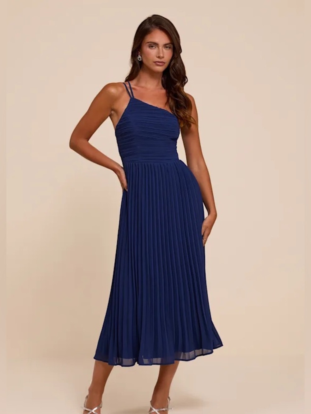 Lulus | Wondrous Muse Dark Blue Pleated One-Shoulder Midi Dress
